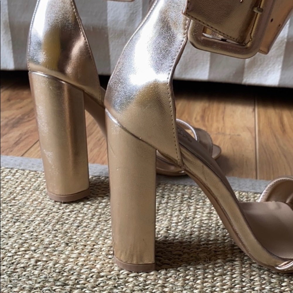 Rose gold chunky heel wide ankle strap sandals
